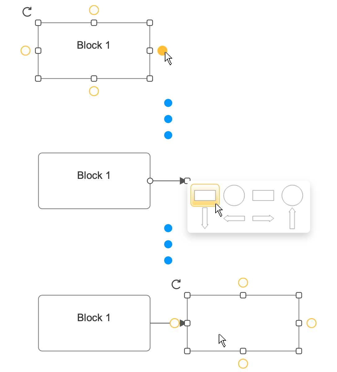 Connecting blocks with action buttons