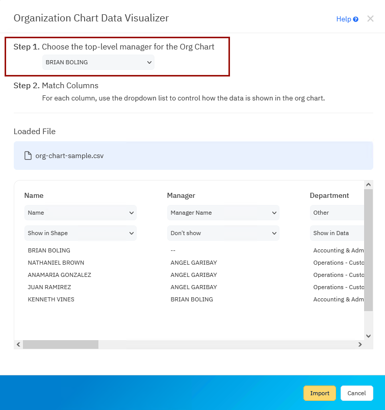 Choose the top level manager for your org chart